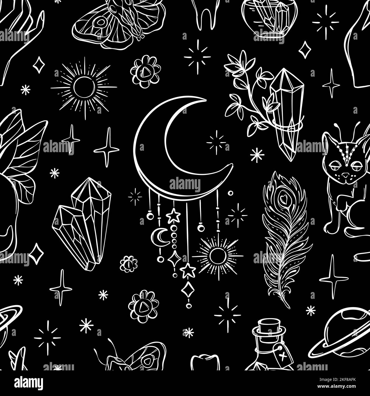 ALCHEMISTISCHE ELEMENTE Monochrome Astrologie esoterische Okkulte Hexerei Halloween Monochrome Skizze Nahtloses Muster handgezeichnete magische Objekte Symbole auf B Stock Vektor