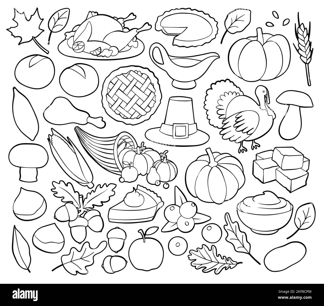 Thanksgiving Feiertagsfeier im Zusammenhang Dinge und Objekte. Sammlung von handgezeichneten, Vektor-Cartoon-Illustrationen. Stock Vektor