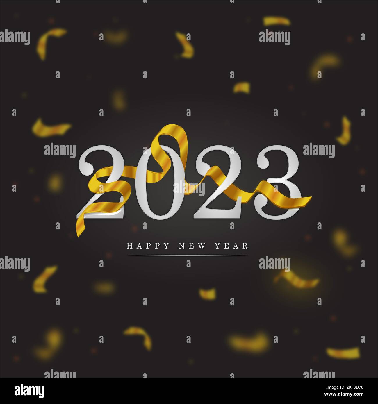 2023 Happy New Year Premium Design mit goldenen Bändern, 2023 Happy New Year Schriftzug auf schwarzem Hintergrund Vektorgrafik. Stock Vektor