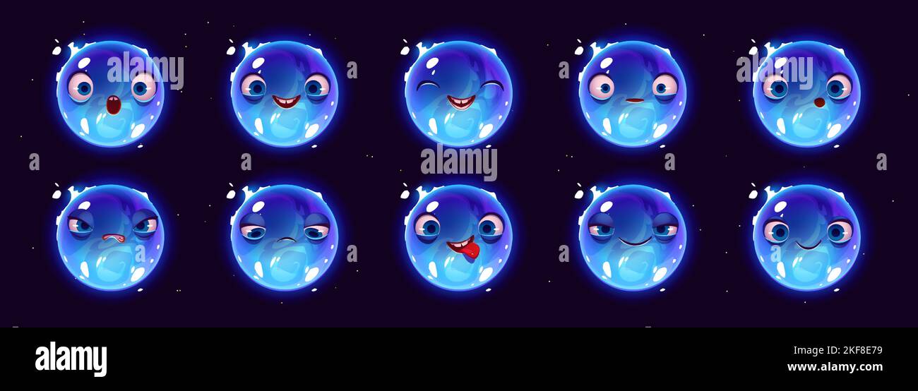 Blauer Superriesenstern mit unterschiedlichen Gesichtsausdrücken. Symbole mit Emotionen von lustigen fremden Planeten im Weltraum. Wassertropfen Charakter isoliert auf schwarzem Hintergrund, Vektor-Cartoon-Set Stock Vektor