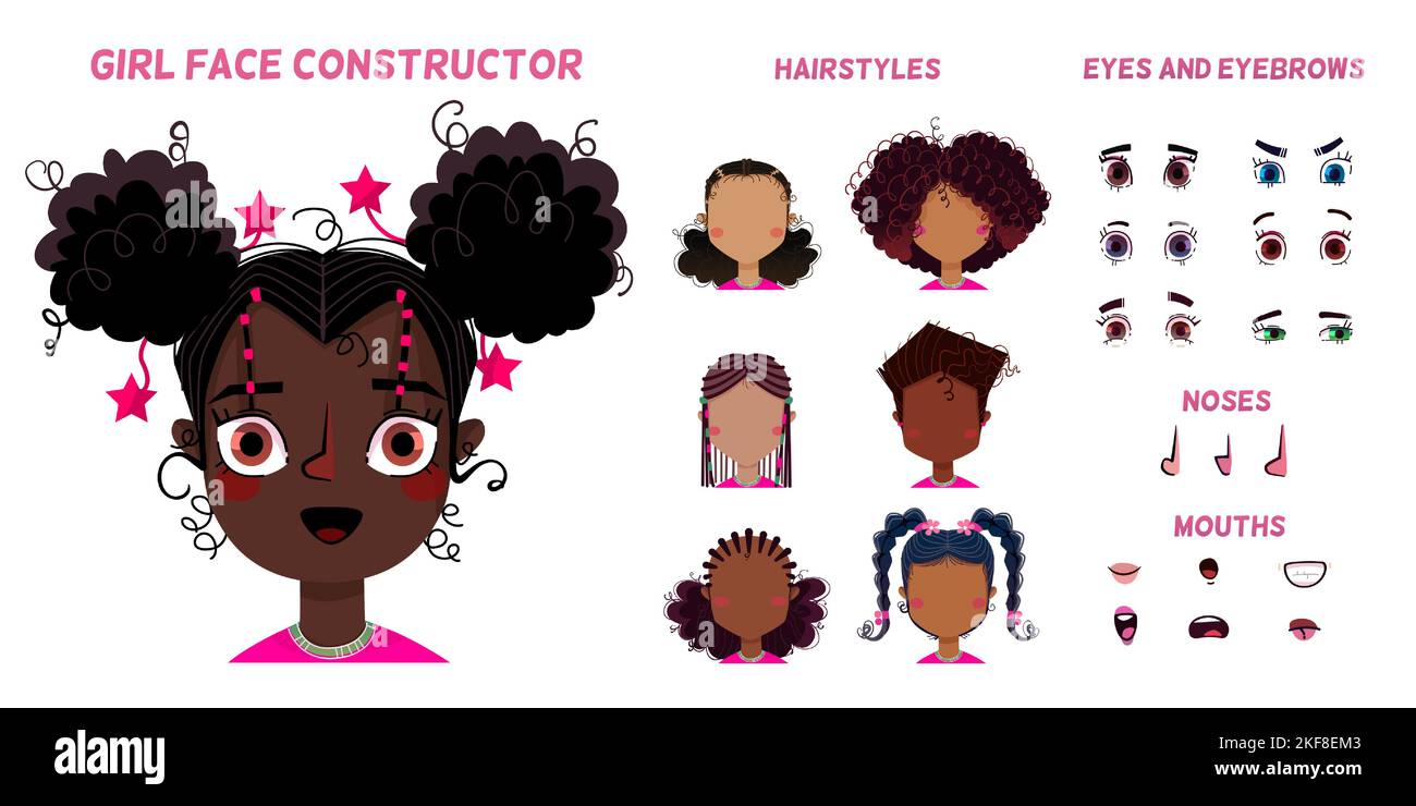 Baby Mädchen Gesichtsgenerator mit verschiedenen Augen und Mund Ausdruck. Pack von Frisur und Kopf Teile von niedlichen afroamerikanischen Kind isoliert auf weißem Hintergrund, Vektor-Cartoon-Set Stock Vektor