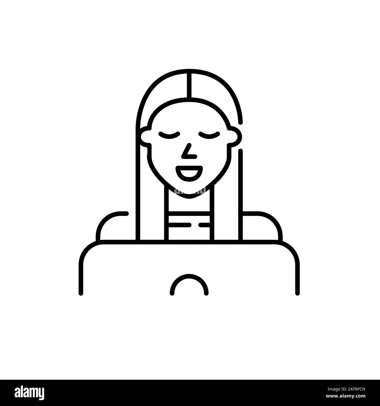 Freiberufliches Mädchen, das an ihrem Laptop arbeitet oder studiert. Pixel-perfektes, bearbeitbares Strichsymbol Stock Vektor