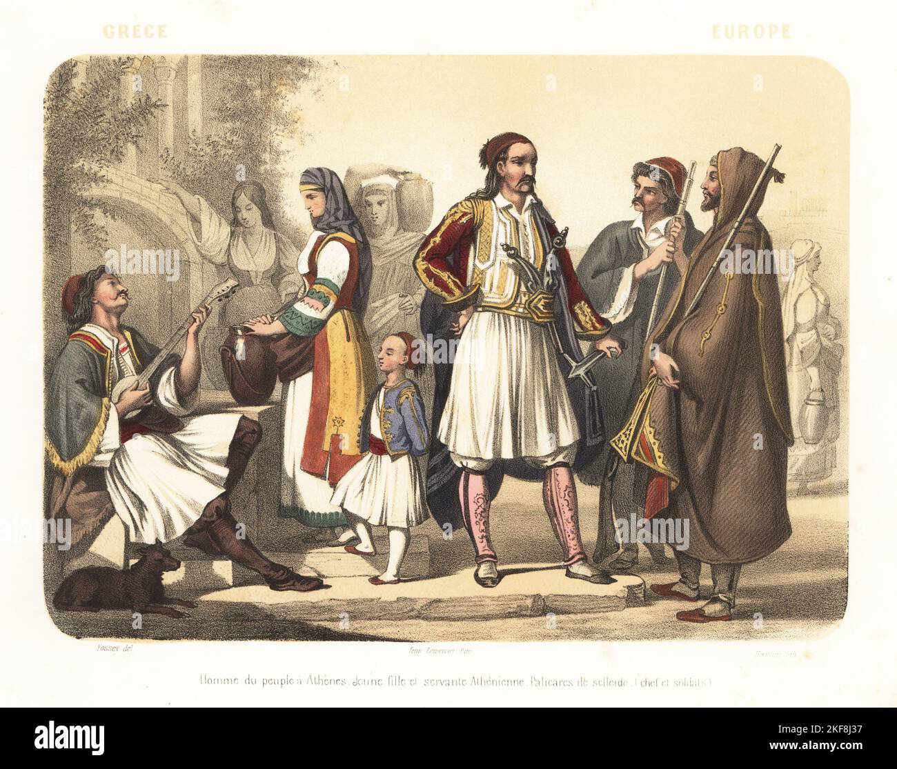 Kostüme der Menschen in Griechenland, 1858. Athenische Musikerin mit Tzouras-Laute, Mädchen mit Wasserkrug, Dienerin und Junge. Offizier und Soldaten der Pelicares (Söldner) aus Sellade mit Pistolen, Muskete und Schwert. Homme du peuple a Athenes, jeune fille et servante Athenienne, Palicares de Selleide (Chef et soldats). Handkolorierte und sepiatönte Lithographie von Jean-Adolphe Bocquin nach einer Illustration von Felix Fossey aus Elisabeth Muller (Pseudonym von Leonie Bedelet) in Le Monde en Estampes, The World in Prints, AMADEE Bedelet, Paris, 1858. Stockfoto