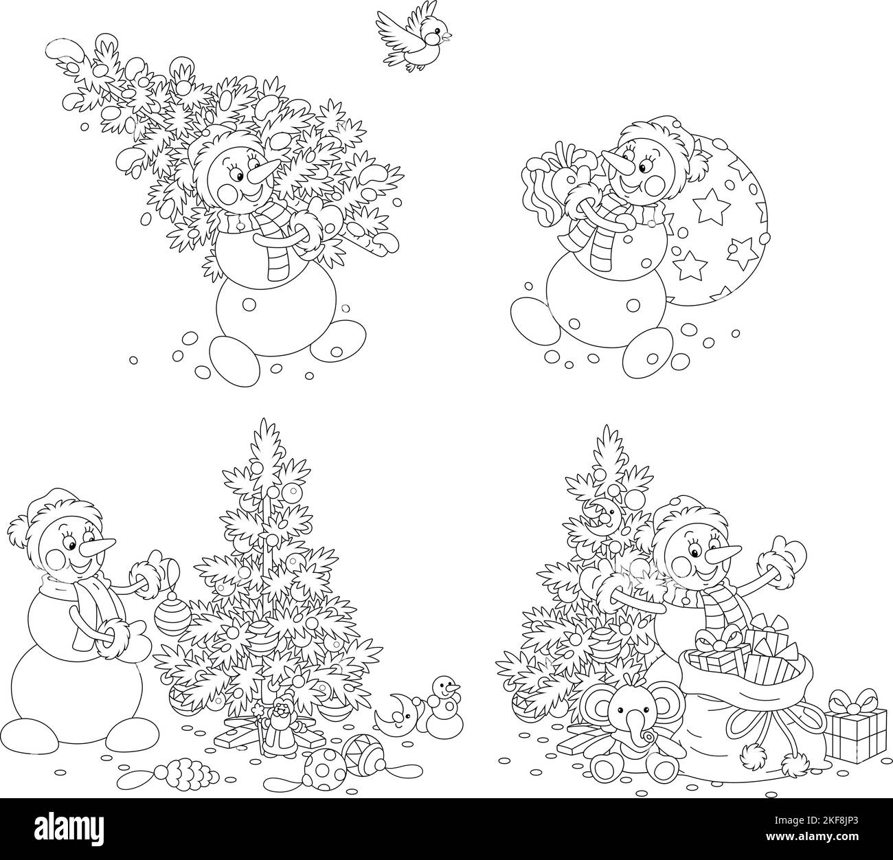 Vector schwarz-weiß Cartoon-Set mit einem lustigen Spielzeug Schneemann, einem kleinen Weihnachtsbaum mit Kugeln, Girlanden und süßen Weihnachtsgeschenke aus einer magischen Tasche Stock Vektor