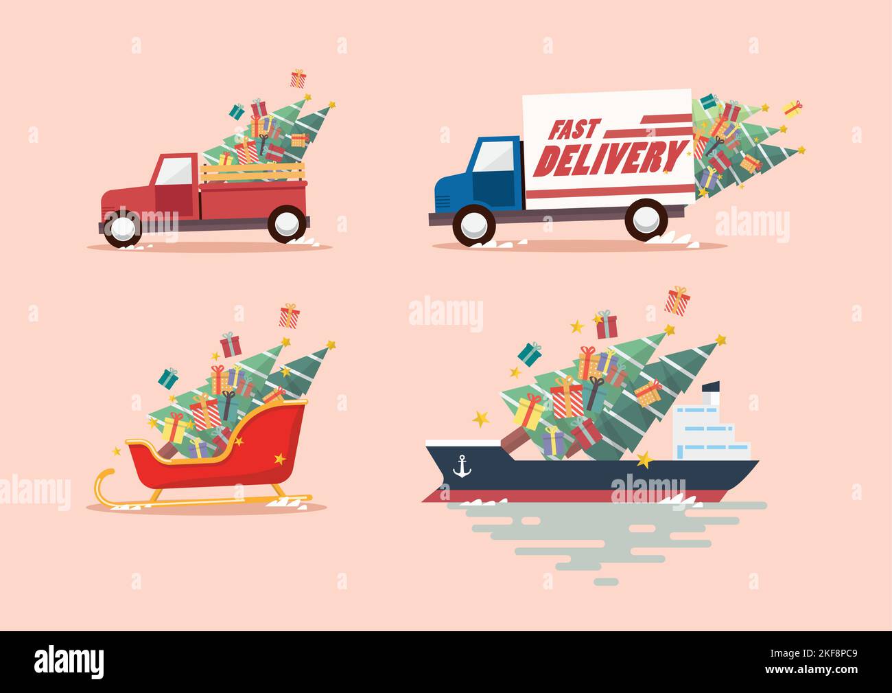 Fahrzeug mit Weihnachtsbaum und Geschenkschachteln. Weihnachts-Lieferservice Vektor-Illustration Stock Vektor