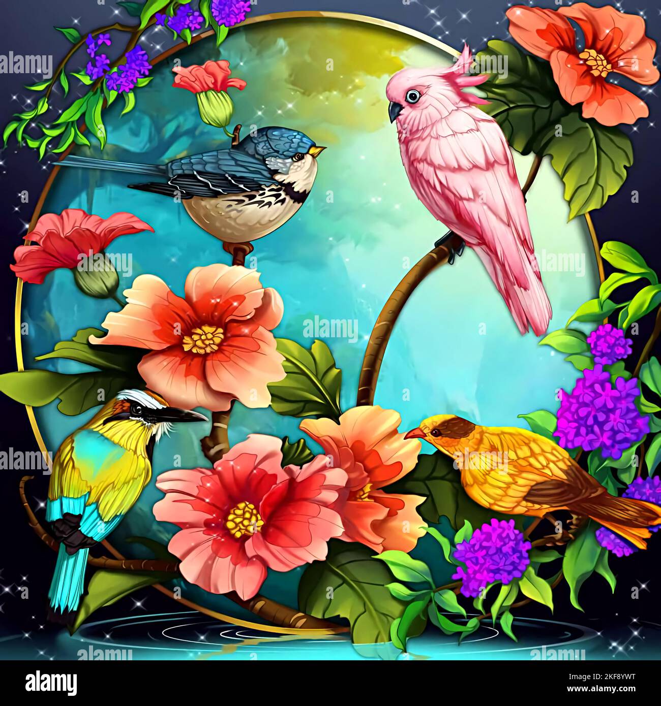 Illustration von vier Arten von Vögeln und Blumen Stockfoto