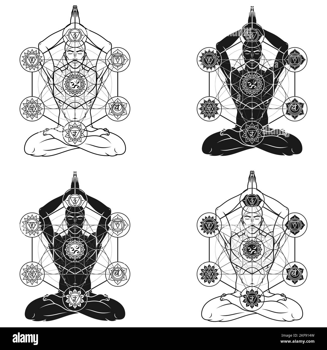 Vektor-Design des Menschen meditiert in Lotusblüten Position mit metatron Figur und Chakra-Symbol Stock Vektor