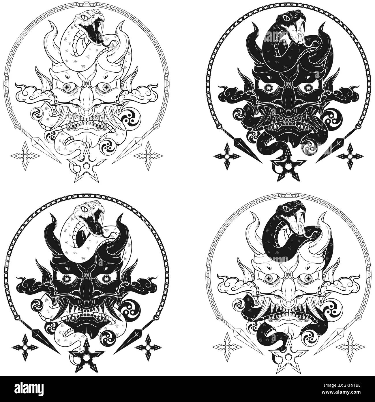 Japanisches traditionelles Dämon-Vektor-Design mit Schlange, Oni Japanischer Dämon Hannya Maske mit Schlangen Stock Vektor