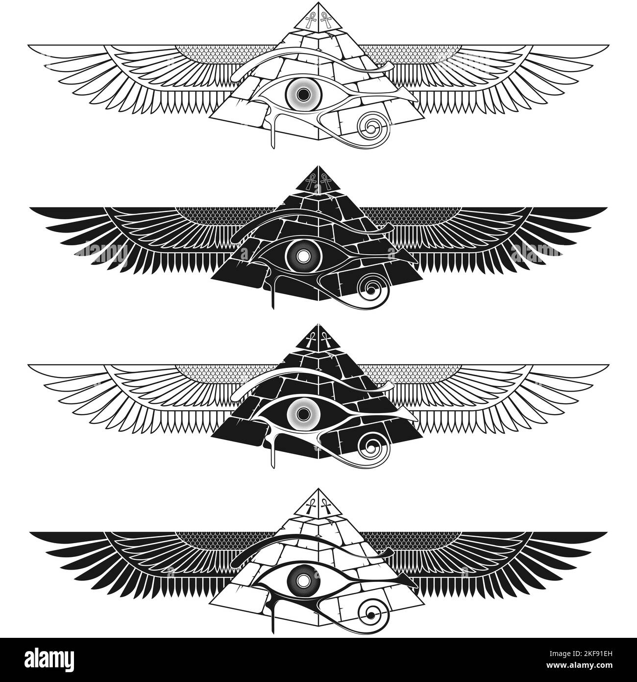 Geflügelte Pyramide Vektor-Design mit Auge des horus, alte ägyptische Pyramide mit Flügeln, geflügelte Pyramide, Auge des horus, ankh Kreuz Stock Vektor