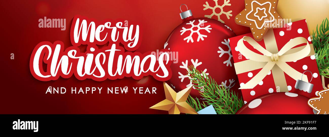 Frohe weihnachten mit Glaskugel und geschenkbox für Flyer Prospektgestaltung auf rotem Hintergrund Einladungskonzept. Happy Holiday Grußbanner und Ca Stock Vektor