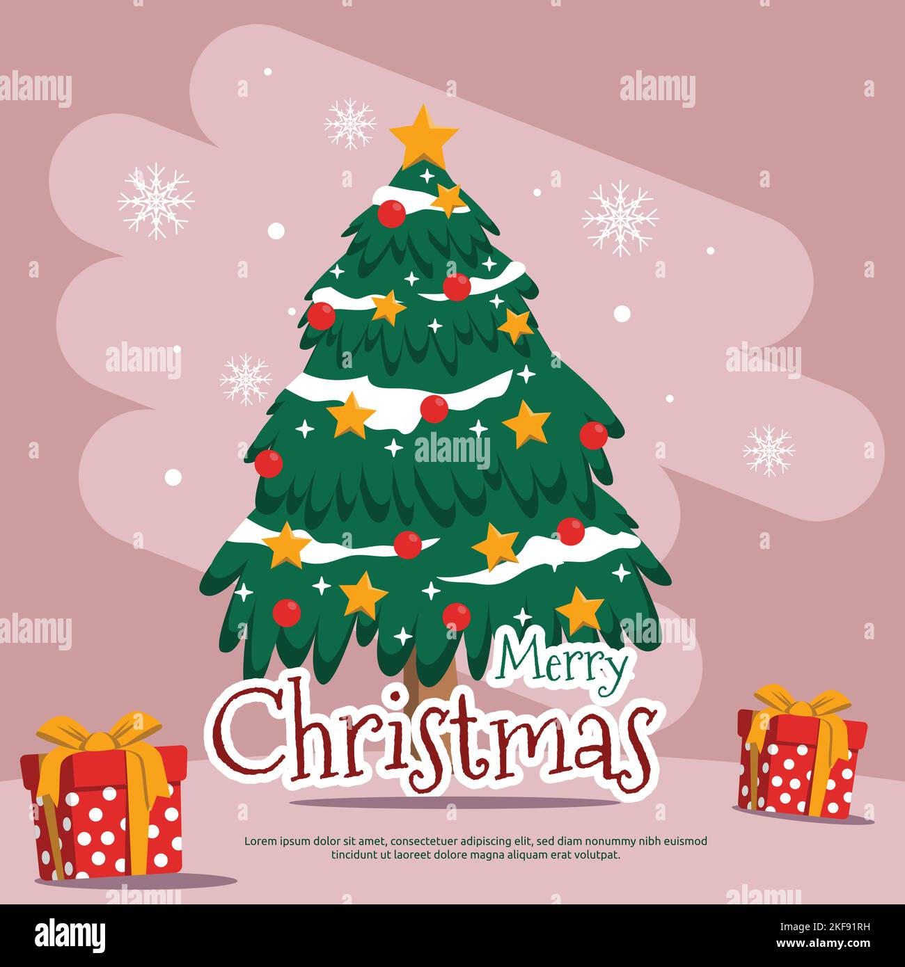 Pine Tree Schneeflocken Frohe Weihnachten Geschenk Grußkarte Design Stock Vektor