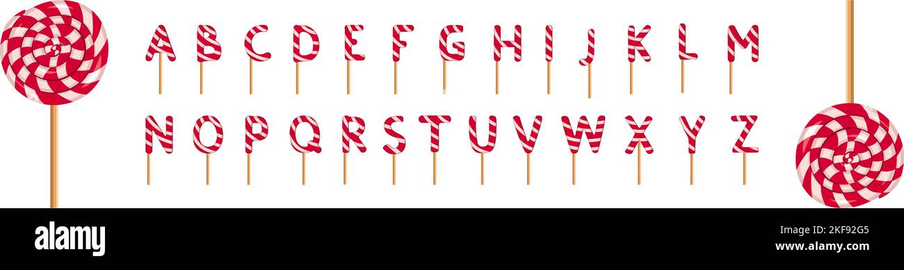 Alphabet aus gestreiften roten und weißen Lutschern. Festliche Schrift oder Dekoration für Urlaub oder Party. Vektorgrafik flach Stock Vektor
