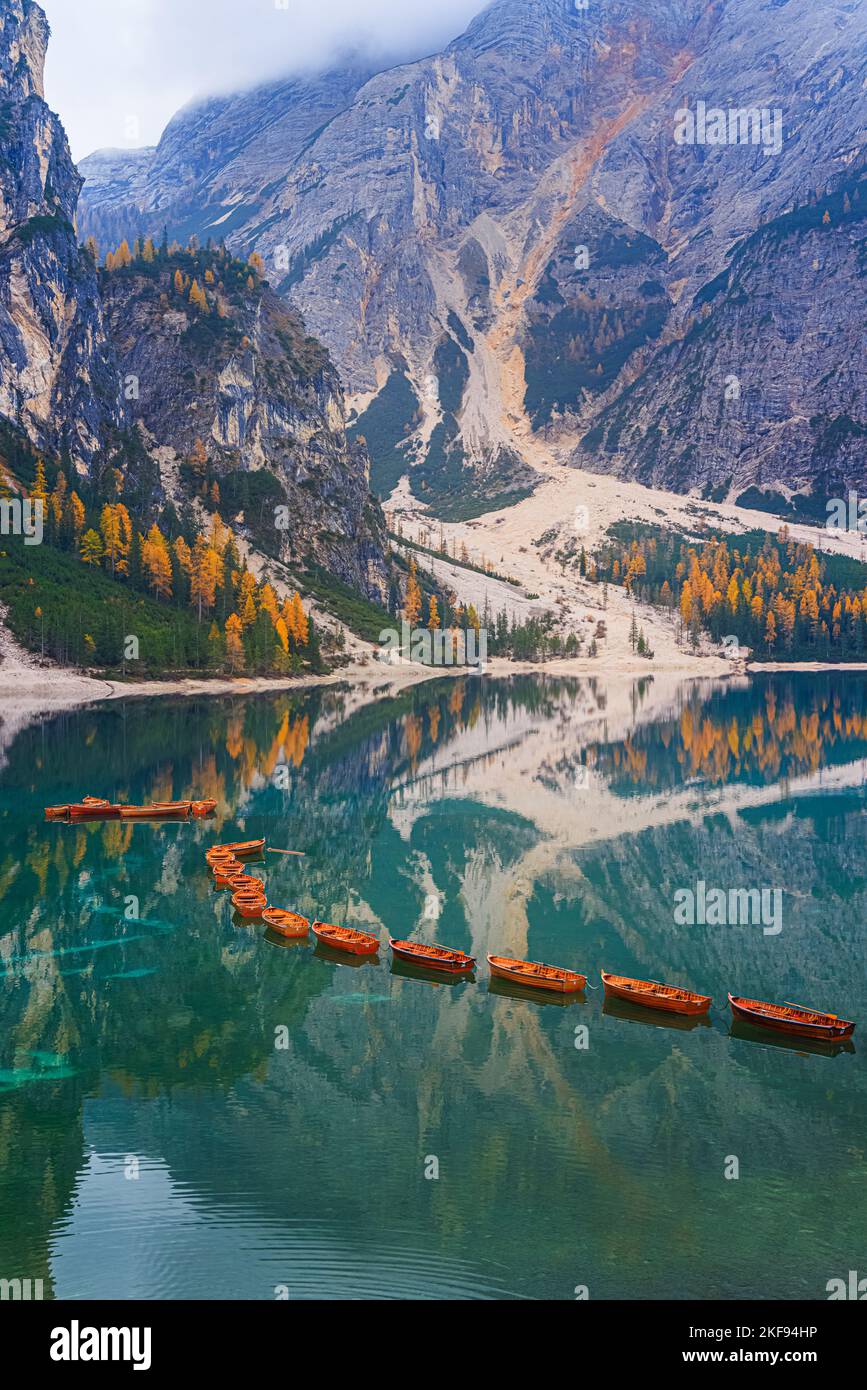 Ein ruhiger Herbstmorgen mit vielen Herbstfarben von den Lärchen und den berühmten Booten am Pragser Wildsee (Lago Prages), einem malerischen See in Stockfoto