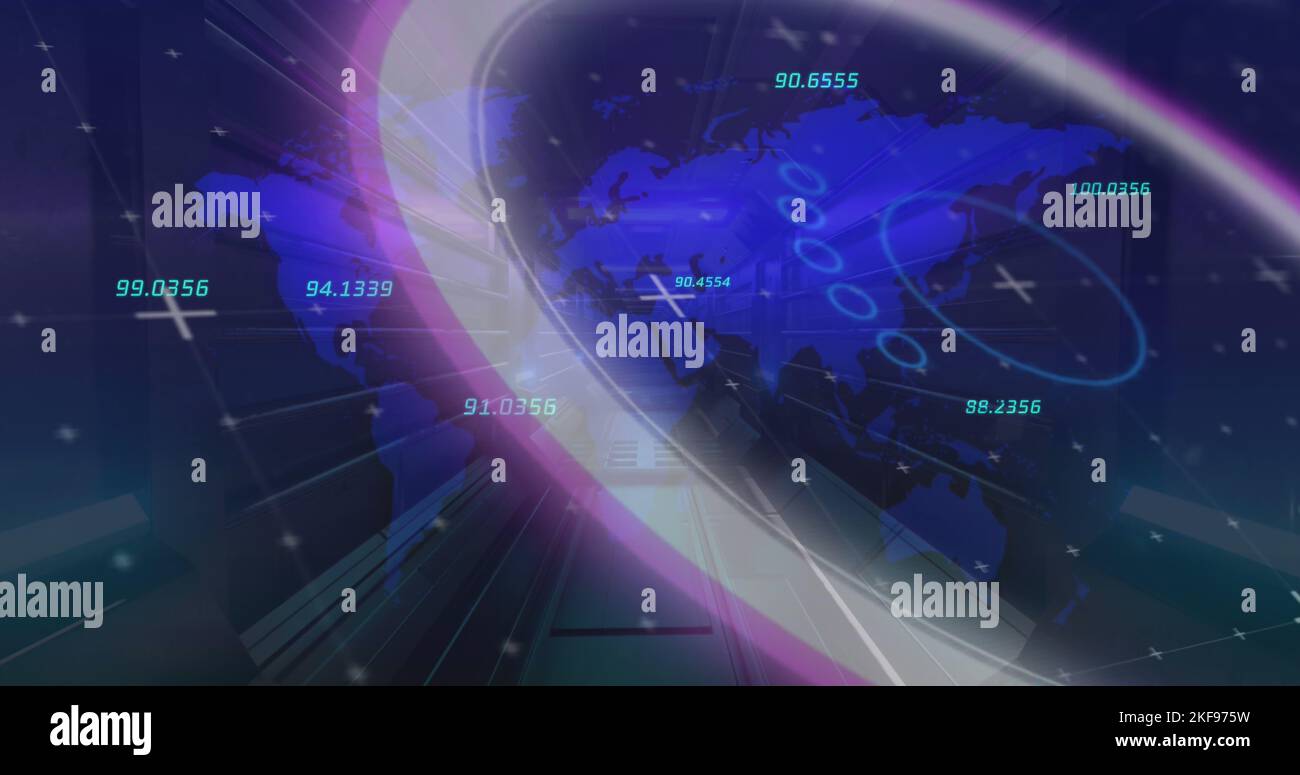 Abbildung: Verarbeitungskreis, Zahlen und qr-Code im digitalen Raum Stockfoto