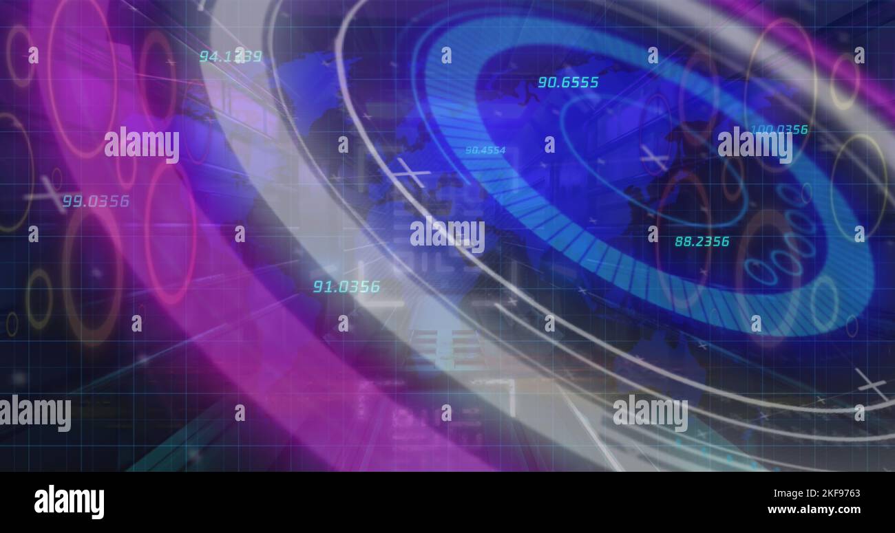 Abbildung: Verarbeitungskreis, Zahlen und qr-Code im digitalen Raum Stockfoto