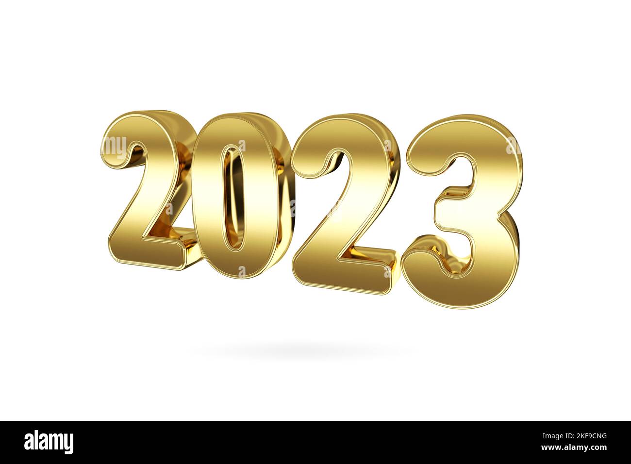 2023 glückliches neues Jahr Gold Metall Zeichen. Realistische 3D 2023 Beschilderung für Silvester Feier Design.3D Rendering Stockfoto