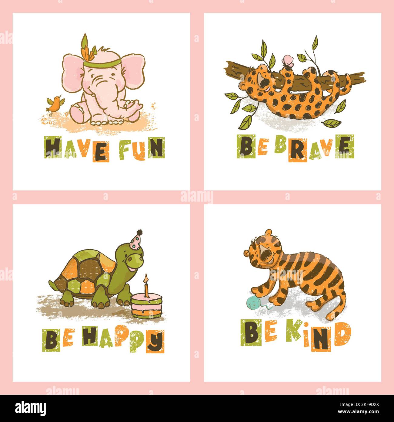 TIER-KARTE-SET hübsch Cartoon Zirkus Zoo Dschungel Savannah Afrika Hand gezeichnet Vektor-Illustration für Druck Stock Vektor