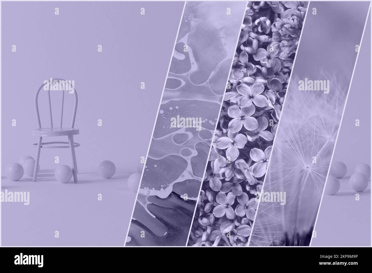 Digital Lavendel Farbe des Jahres 2023. Collage von Fotos in trendiger Farbe mit Stuhl, Dandelions-Flaumchen und Fliederblumen. Stockfoto