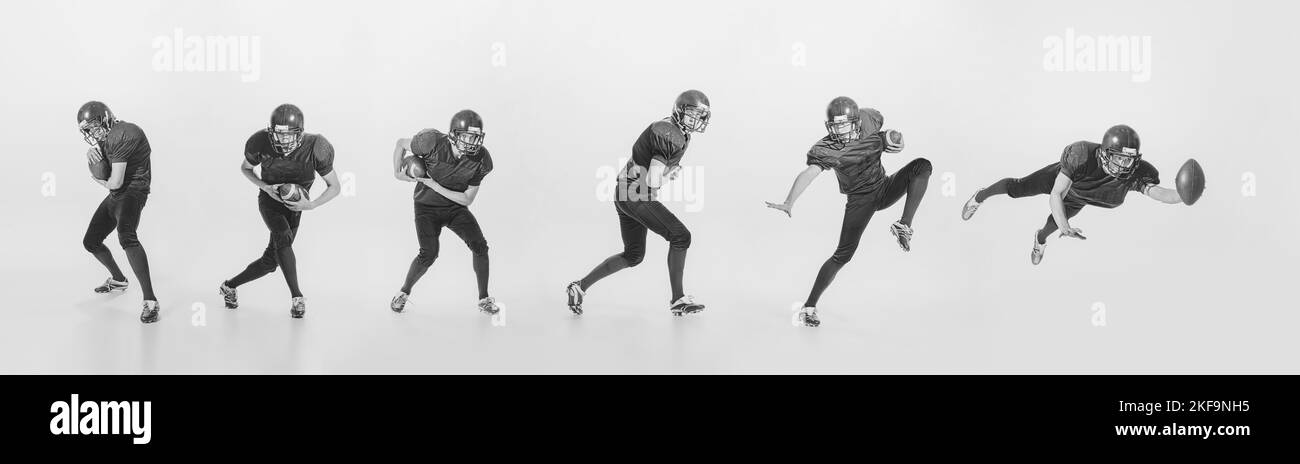 Collage. Junger Mann, amerikanischer Fußballspieler posiert. Schwarzweiß-Fotografie. Motivierter Sportler Stockfoto