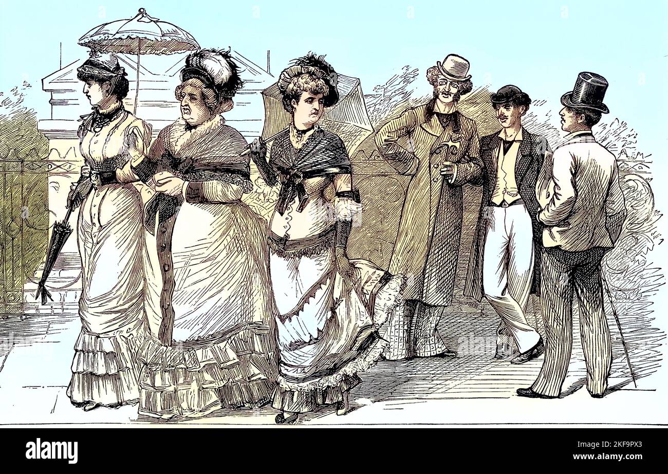 Elegante Damen und Herren der feinen Gesellschaft beim Spaziergang am