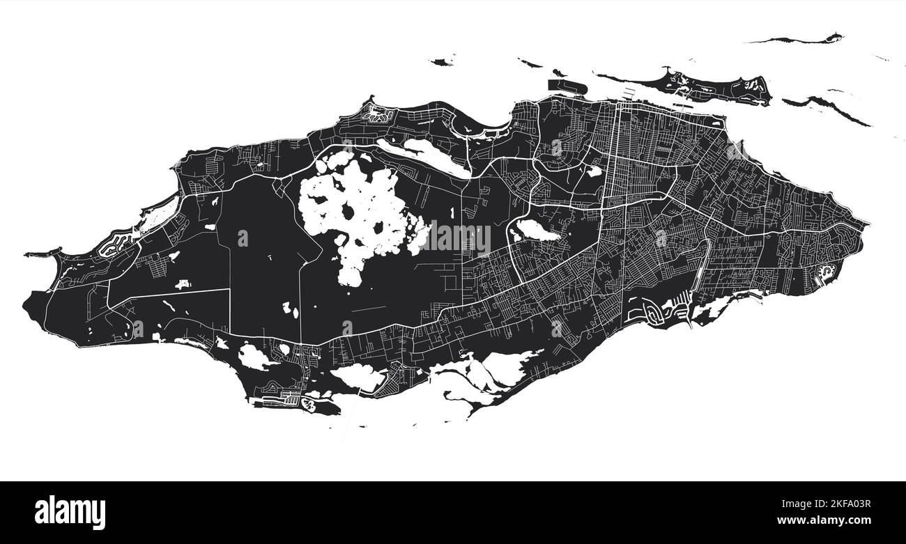 Vektorkarte Nassau. Detaillierte Vektorkarte des Verwaltungsgebiets der Stadt Nassau. Blick auf das Stadtbild mit Postern und die Arie der Metropole. Schwarzes Land mit weißen Straßen und AV Stock Vektor