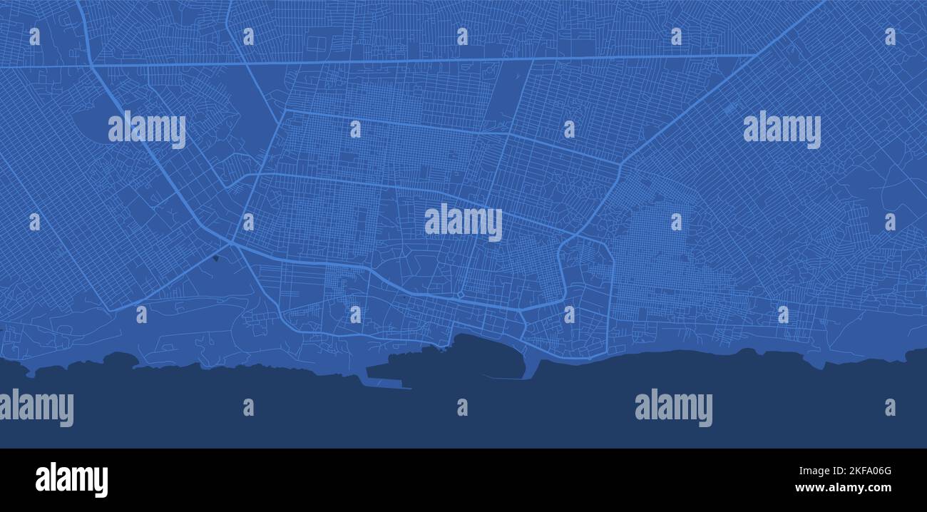 Dunkelblaue Mogadischu Stadtgebiet Vektor Hintergrundkarte, Straßen und Wasser Illustration. Widescreen-Format, Roadmap für digitales flaches Design. Stock Vektor