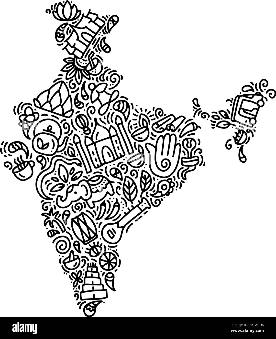 Indien Karte schwarz Kalligraphie Text und Doodle Elemente indische Kultur Vektor Illustration Design. Alles gute zum tag der republik Indien Unabhängigkeitsfeiern Stock Vektor
