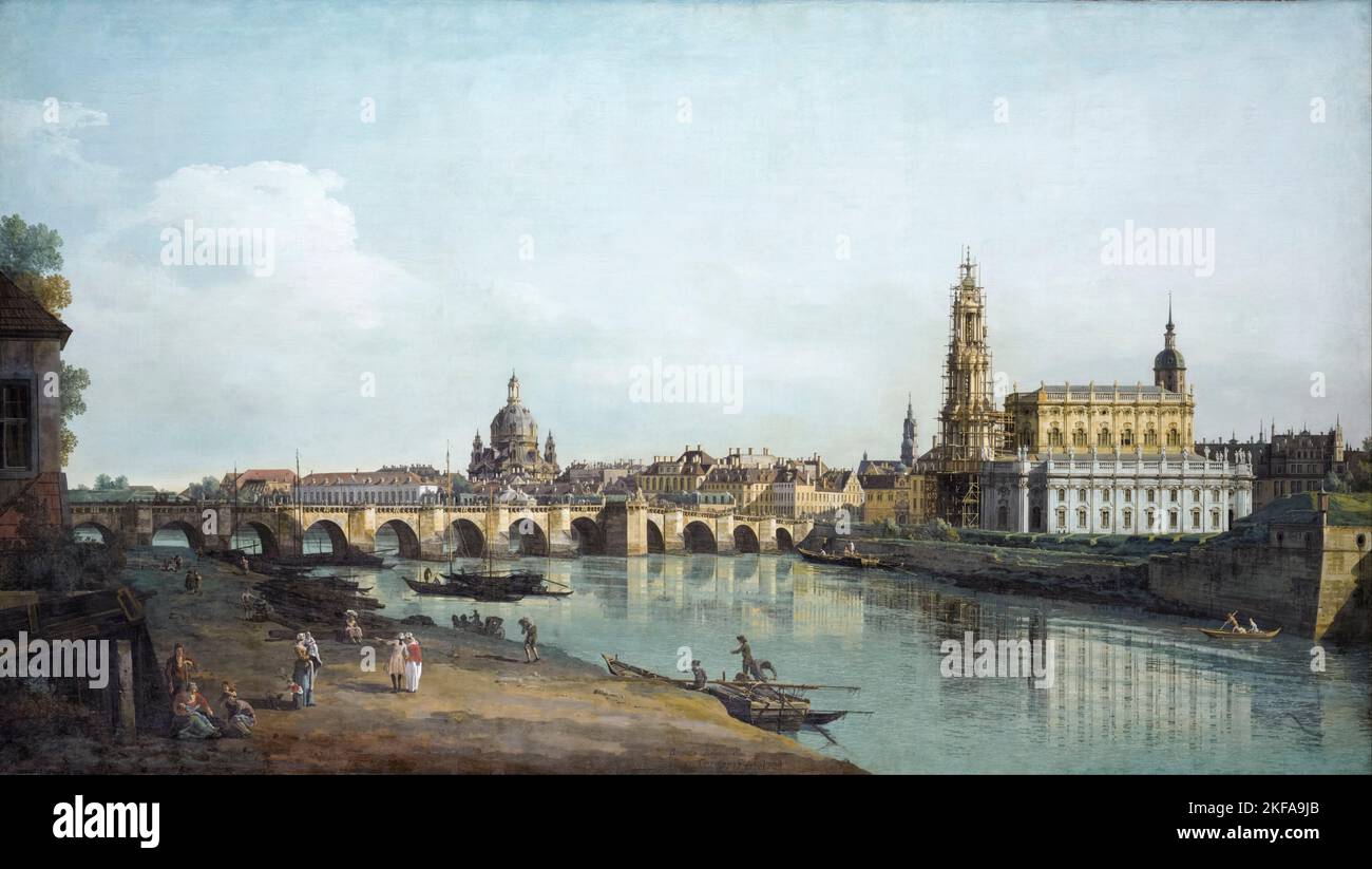 Bernardo Bellotto Landschaftsmalerei, Dresden vom rechten Elbufer unter der Augustusbrücke aus gesehen, Öl auf Leinwand, 1748 Stockfoto