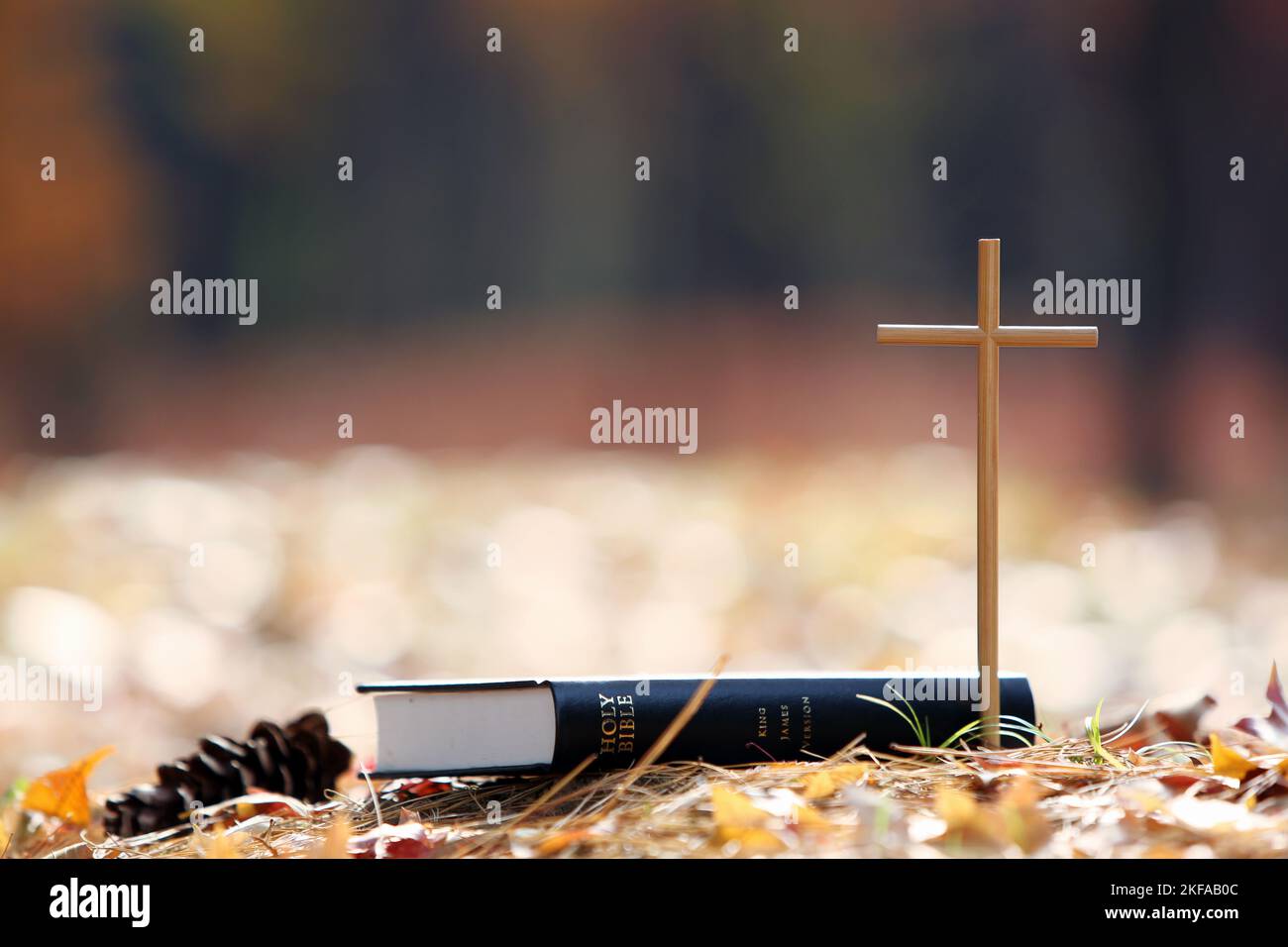 Das Kreuz Jesu Christi und eine bibel auf einem Haufen Ahornblätter in einem wunderschönen Herbstwald mit fallenden Blättern Stockfoto