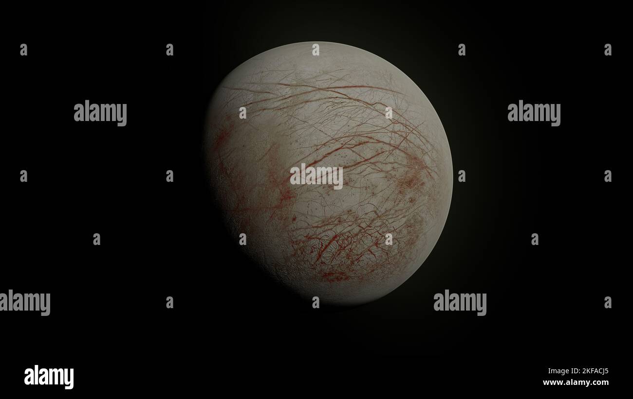 Europa, oder Jupiter II, ist der kleinste der vier galiläischen Monde, die Jupiter umkreisen, und der sechste, der dem Planeten Jupiter am nächsten ist Stockfoto