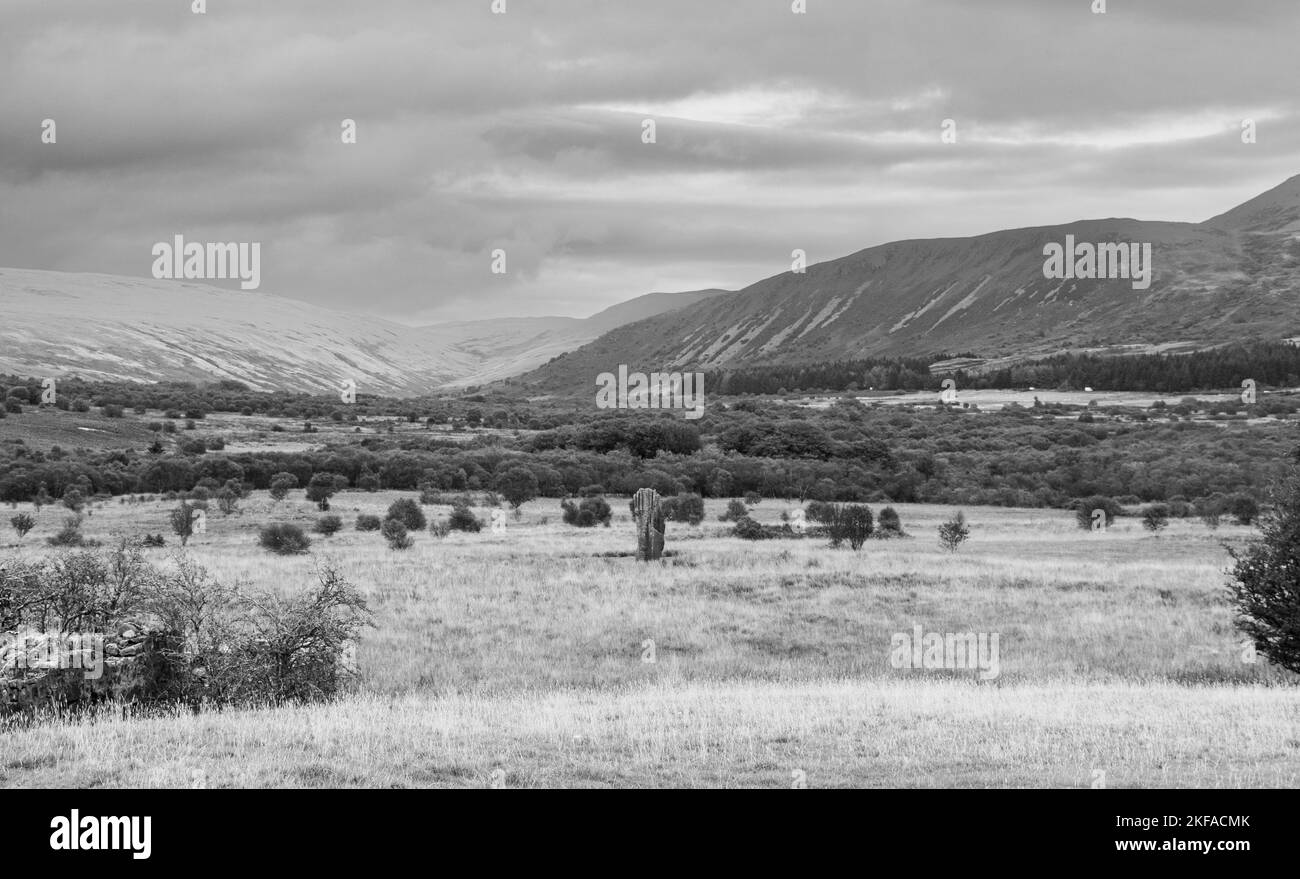 Schwarz-weiße Landschaft mit Blick auf Hügel über Machrie Moor, Arran Stockfoto
