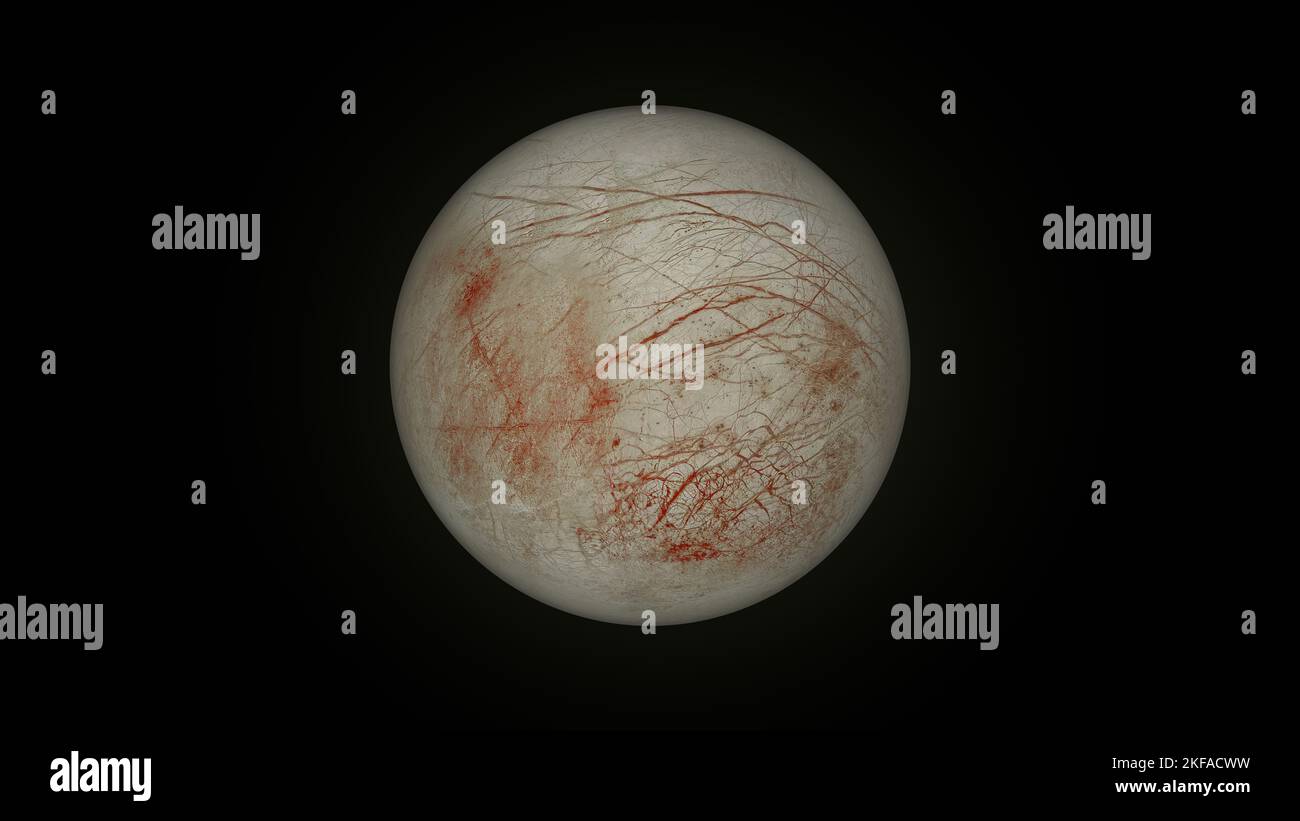 Europa, oder Jupiter II, ist der kleinste der vier galiläischen Monde, die Jupiter umkreisen, und der sechste, der dem Planeten Jupiter am nächsten ist Stockfoto
