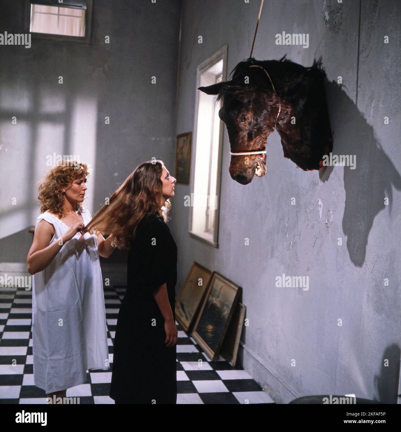 Das Frauenzimmer, Fernsehfilm aus der Sendreihe 'das kleine Fernsehspiel', Deutschland 1981, Regie: Claudia von Alemann, Darsteller: Evelyne Didi, Colleen Finneran, betrachtet einen Pferdekopf an der Wand. Stockfoto