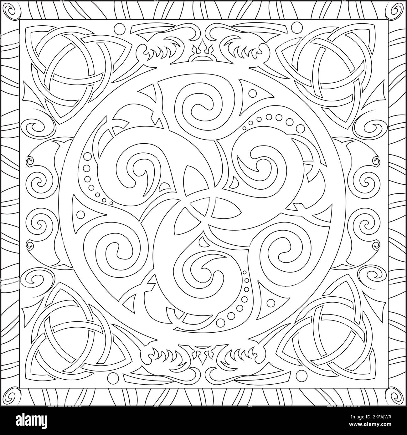 Malvorlagen Illustration im Square Format für Erwachsene, Trsikelion Celtic Knot Mandala Design Stock Vektor
