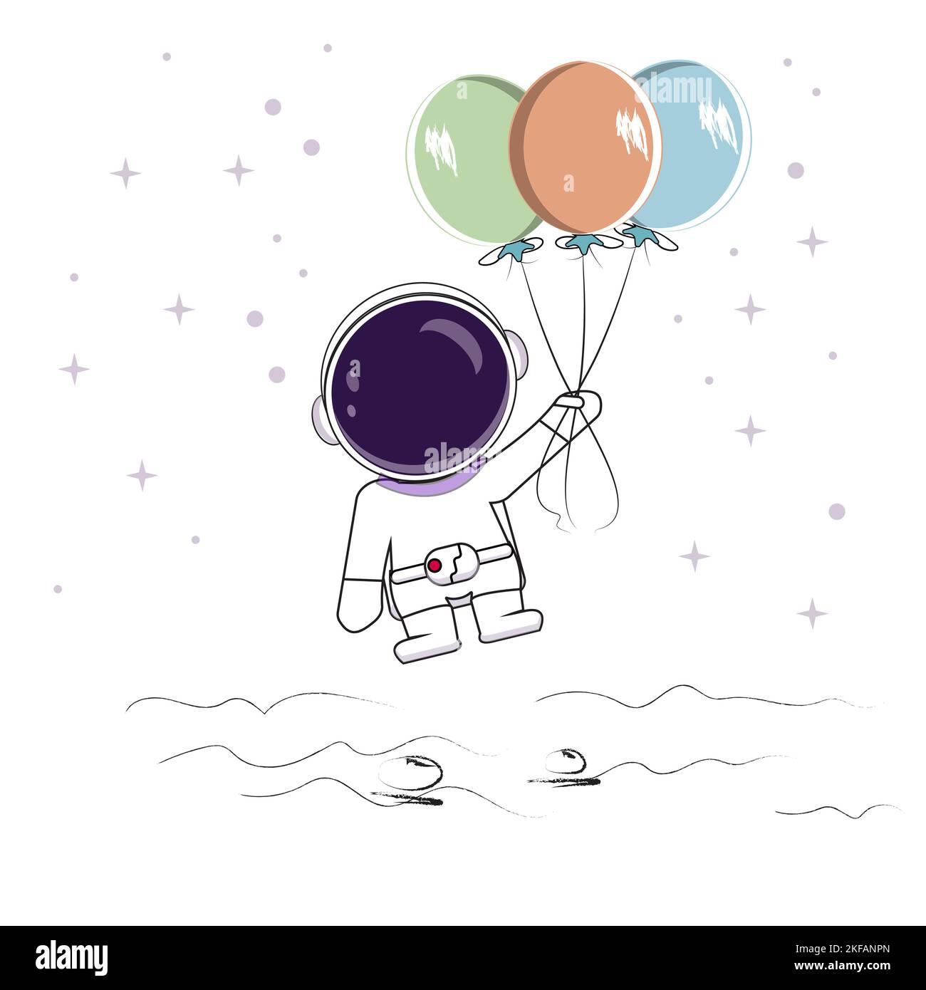 Netter Raumfahrer hält einen Luftballon.Astronaut steht auf dem Mond. Kindliche Vektorgrafik. Handgezeichneter Stil Stock Vektor