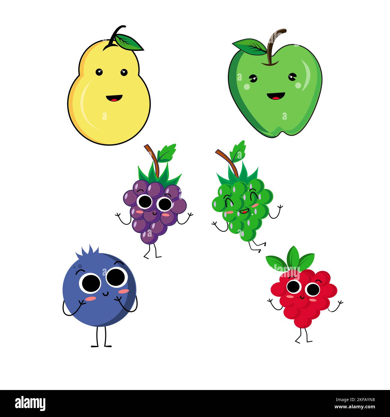 Sammlung von niedlichen Vektor Cartoon Früchte. Cartoon-Frucht-Figuren-Set: Trauben, Himbeere, Apfel, Birne und Trauben Stock Vektor