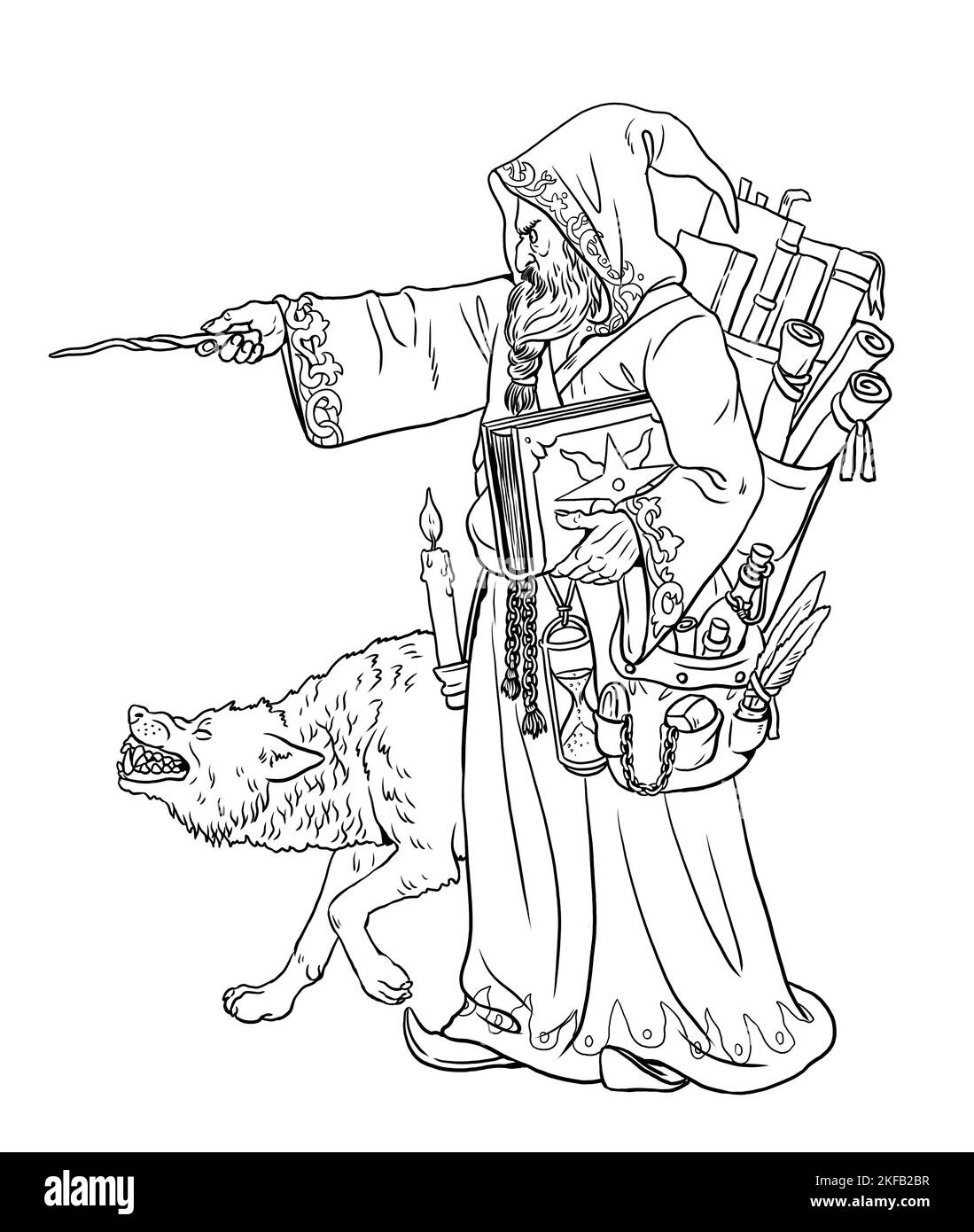Böser Zauberer mit dem Wolf. Malseite mit dem Zauberer. Malvorlage mit Assistent. Stockfoto
