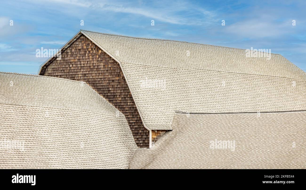 Detailbild der Dächer mehrerer Scheunen, die nahtlos miteinander verbunden sind Stockfoto