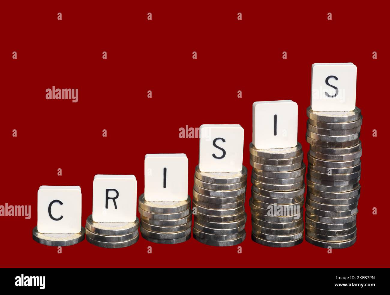 Anordnung von sechs Stapeln von 1-Pfund-Münzen in zunehmenden Höhen mit Großbuchstaben, die das Wort KRISE oben auf den Stapeln schreiben und ein veranschaulichen Stockfoto