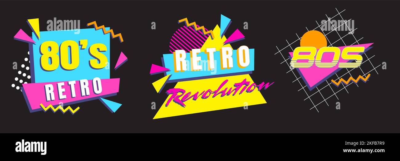 Set im Synthwave Vintage-Design. 80er Jahre 90er Jahre Retro-Grafikkollektion. Vintage Kleidung Kunstwerke alte Schule lebendige Projekte Stock Vektor