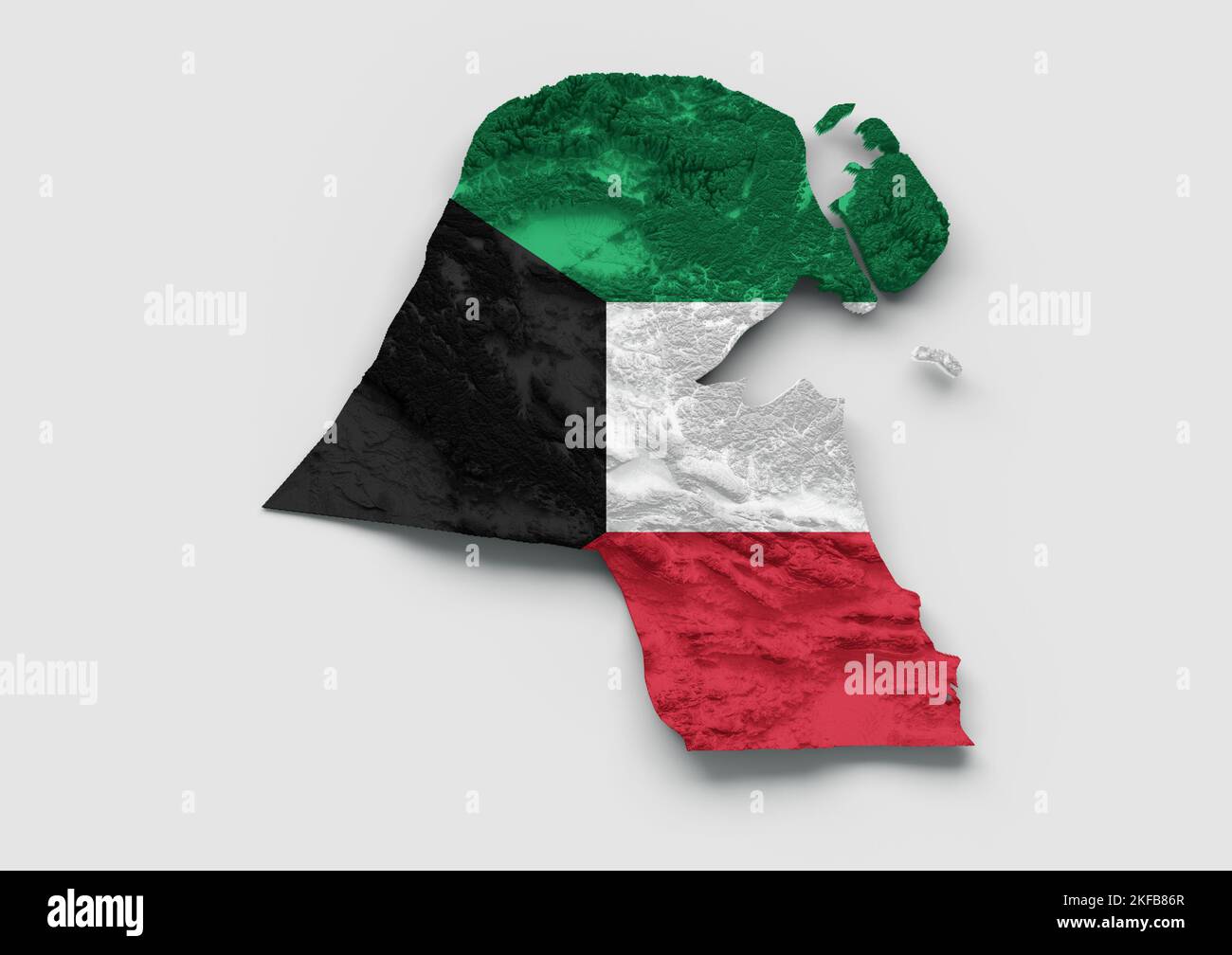 Eine Kuwait-Karte Flagge schattiertes Relief Farbe Höhe Karte auf weißem Hintergrund, 3D Abbildung Stockfoto