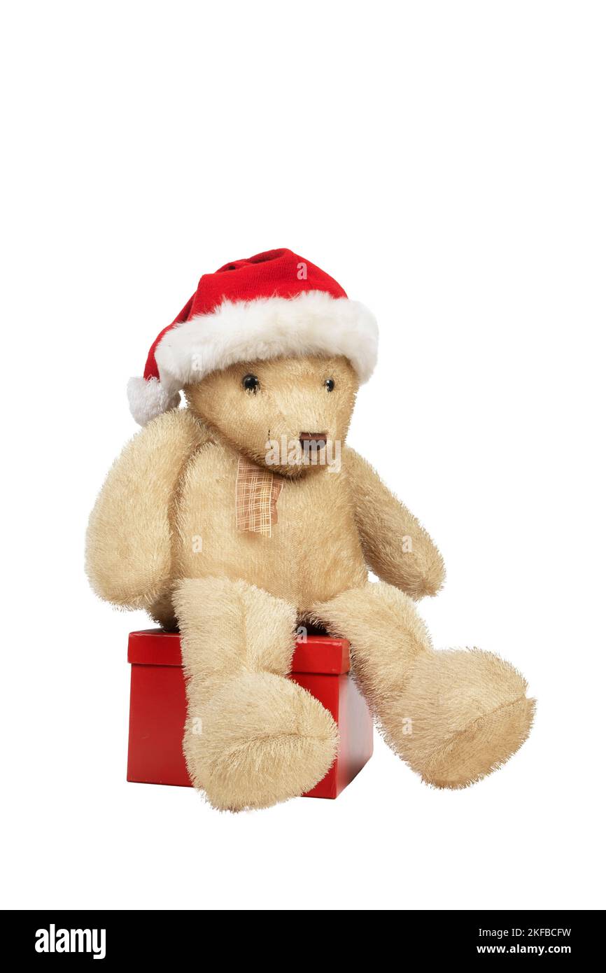 teddybär sitzt auf einem Geschenkpaket isoliert auf weißem Hintergrund Stockfoto