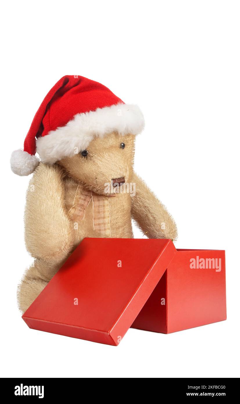 teddybär steht neben einem Geschenkpaket isoliert auf weißem Hintergrund Stockfoto