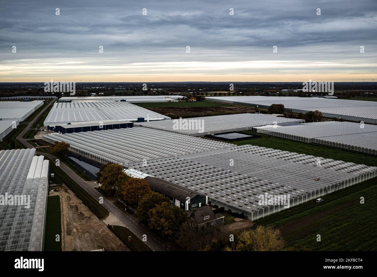 VENLO - Ein Drohnenfoto vom Gewächshaus-Gartenbau in Venlo. Viele Gärtner mit Gewächshäusern laufen wegen der hohen Energiepreise Gefahr, in finanzielle Schwierigkeiten zu geraten. ANP / Hollandse Hoogte / Rob Engelaar niederlande Out - belgien Out Stockfoto