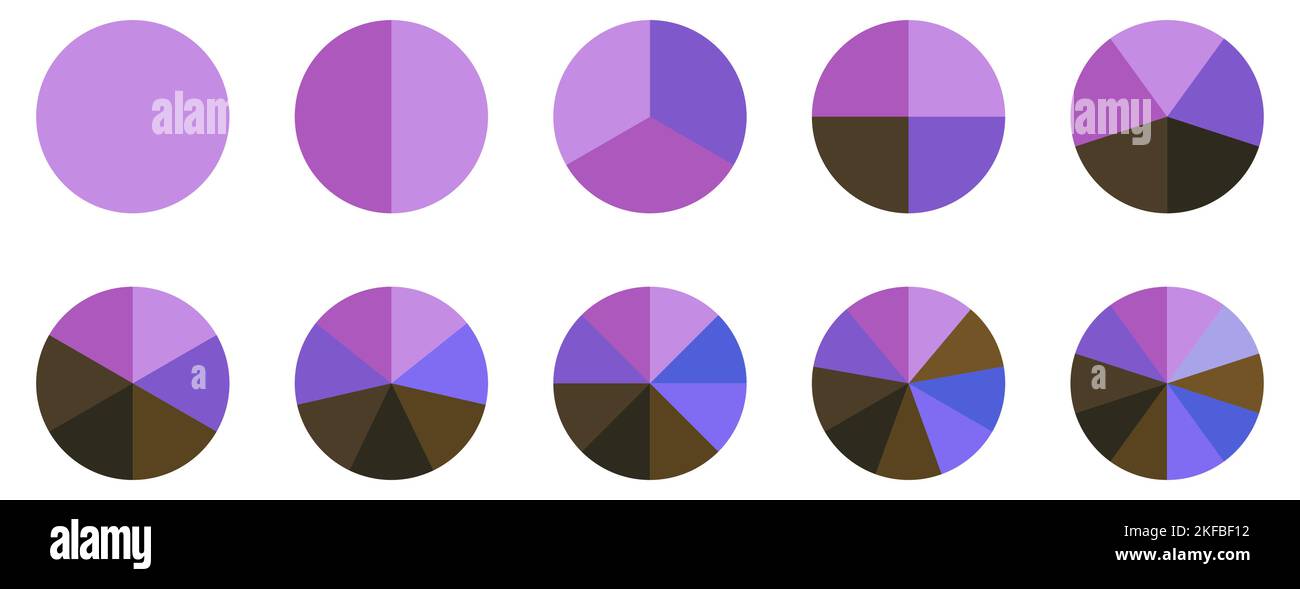 Buntes Diagramm mit 10 Abschnitten. Kreisdiagrammsymbole. Vektordarstellung auf weißem Hintergrund isoliert Stock Vektor