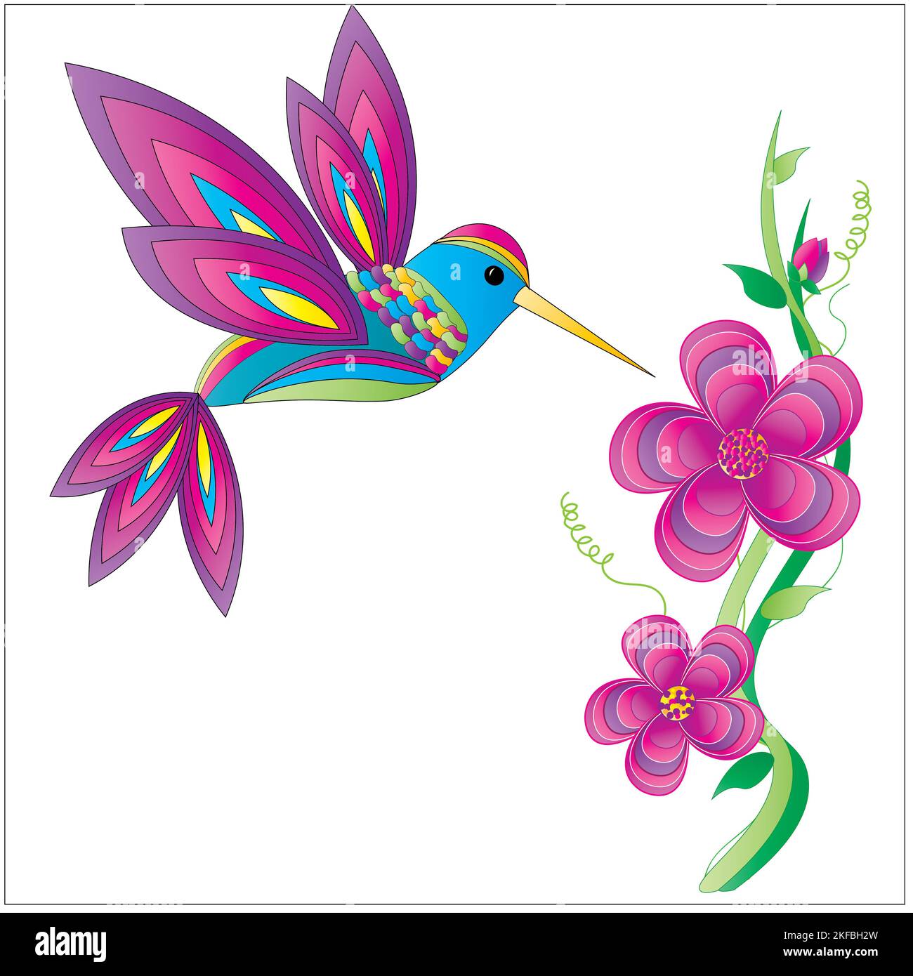 Abstrakte Illustration eines Kolibris, der Nektar aus den Blumen holt. Kräftige, kräftige Farben. Stockfoto