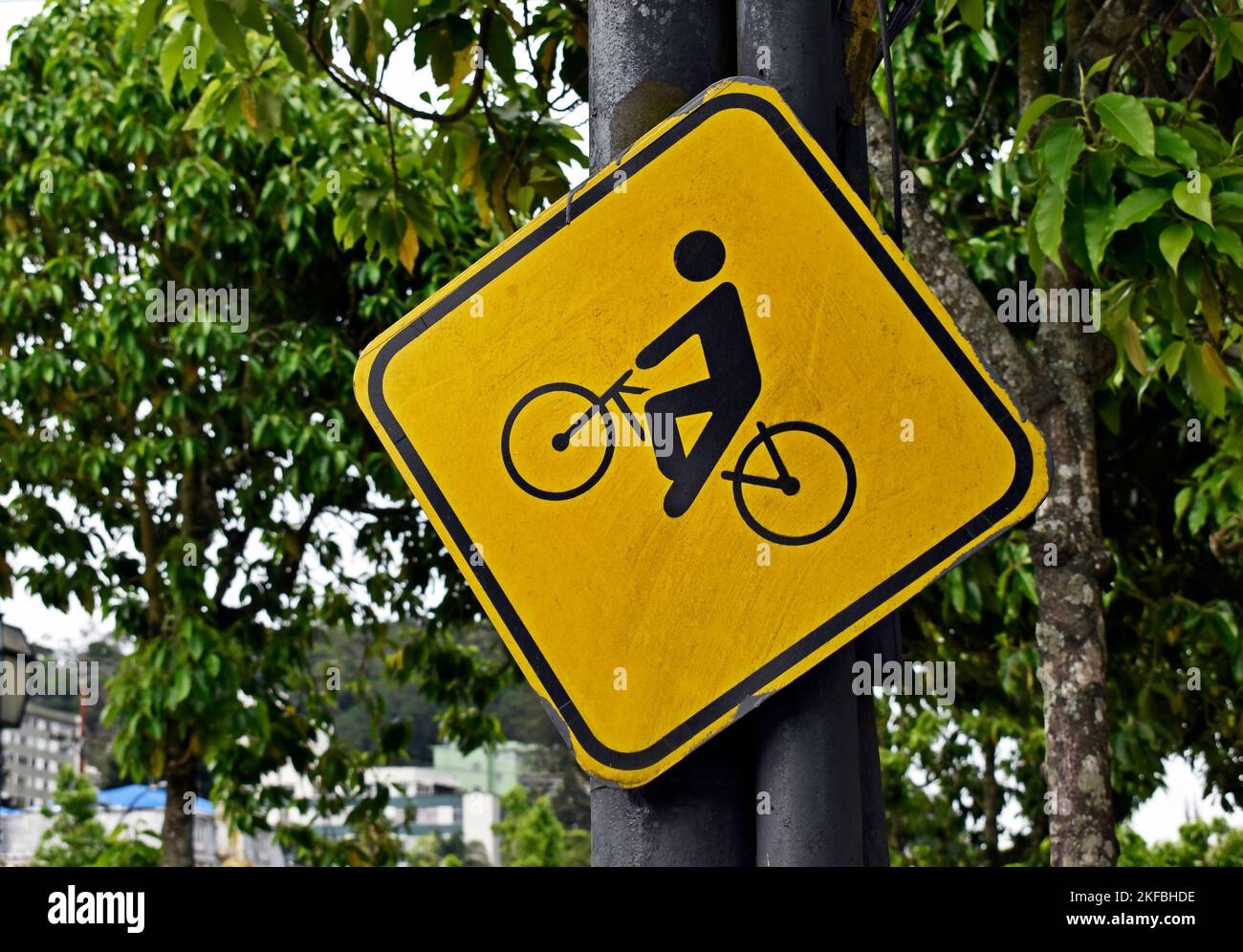 Gelbes Fahrradschild auf der Straße in Petropolis, Rio de Janeiro, Brasilien Stockfoto