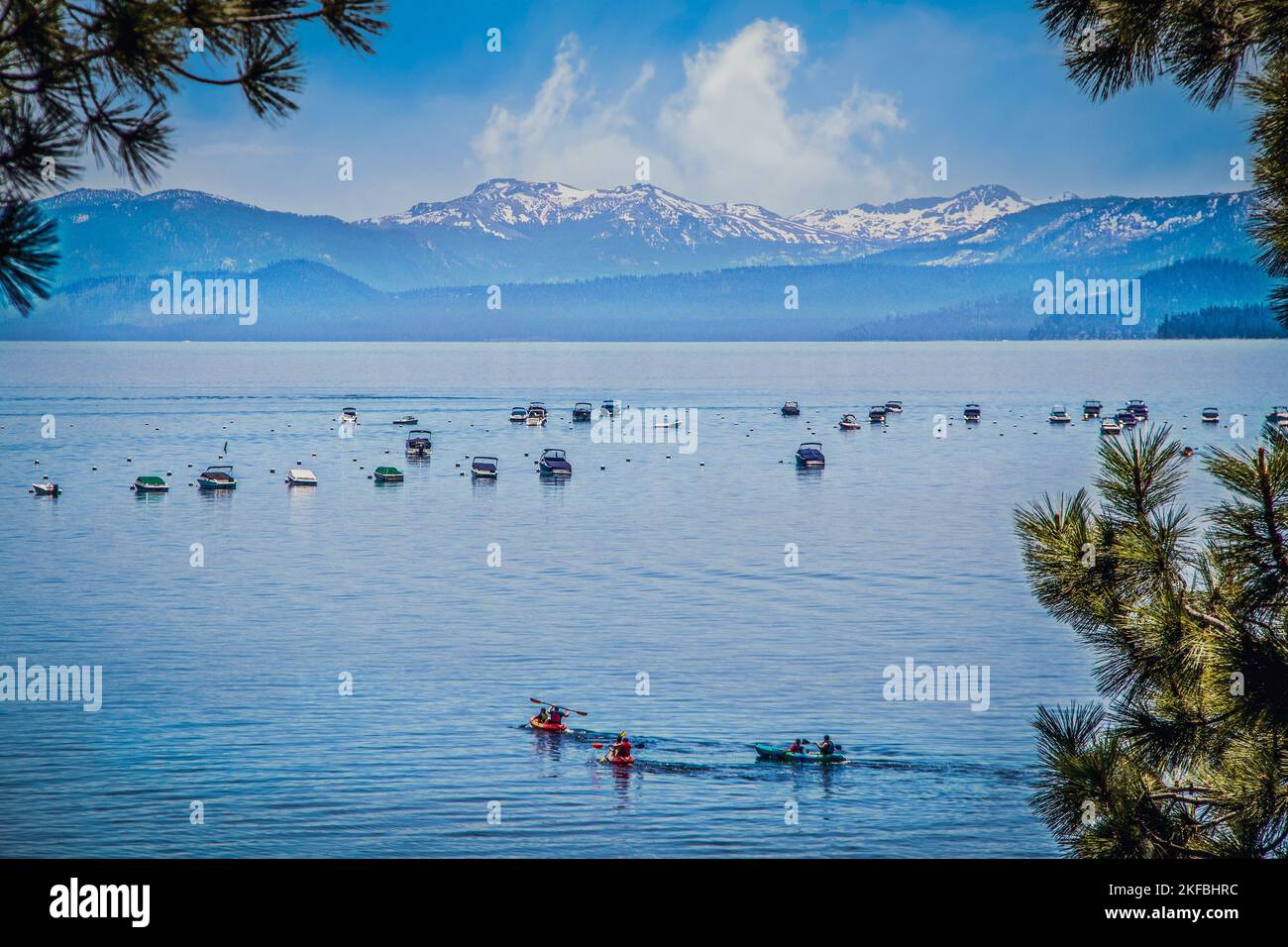 Lake Tahoe mit türkisblauem sater und vielen Booten vor Anker und Touristen paddeln mit schneebedeckten Bergen in der Ferne, eingerahmt von immergrünen Bäumen Stockfoto