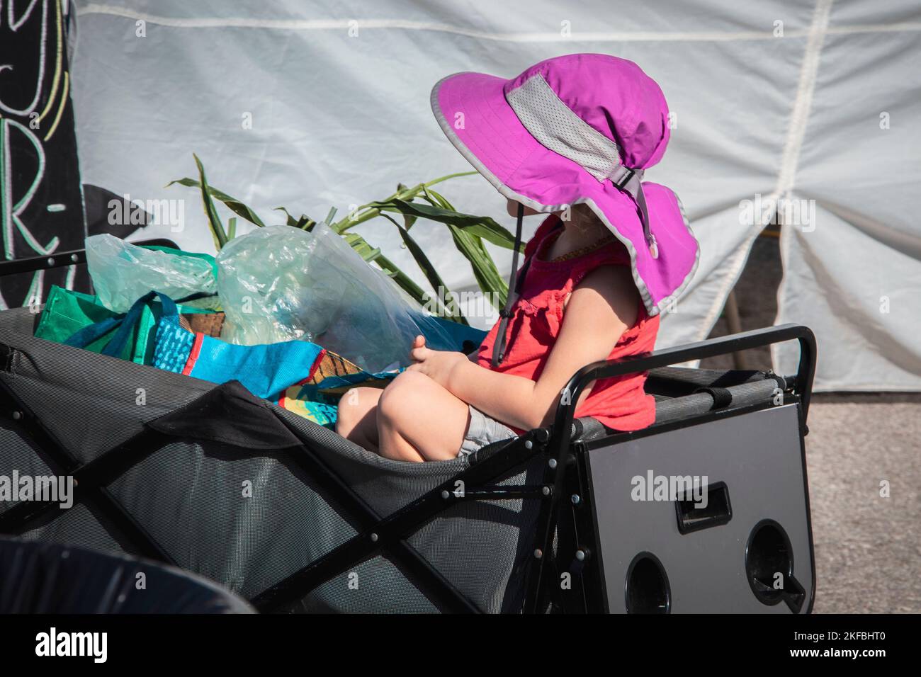 Kleines Mädchen im Klappwagen auf dem Markt mit Pflanzen und Taschen und einem leuchtend rosa Sonnenhut, der sich versteckt Stockfoto