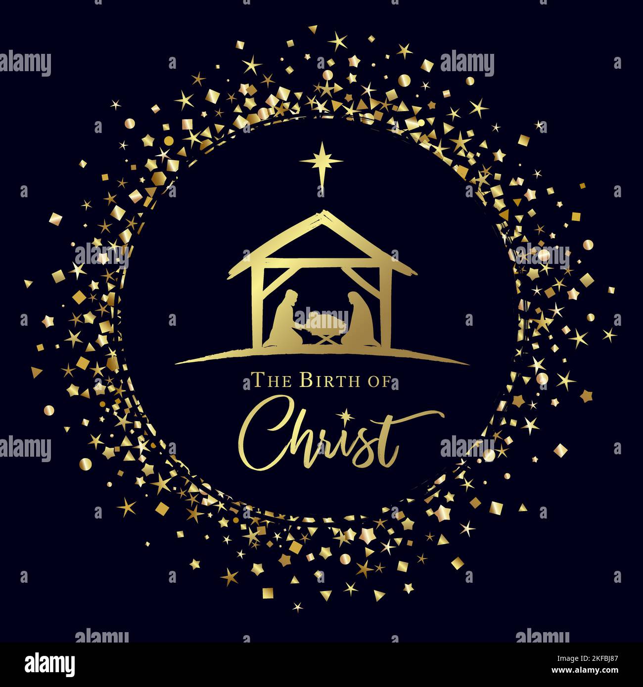 Die Geburt Christi Geburt Szene in goldenem Kreis mit Glitzerkonfetti. Frohe Weihnachtsszene mit dem Jesuskind in der Krippe mit Maria, Joseph Stock Vektor